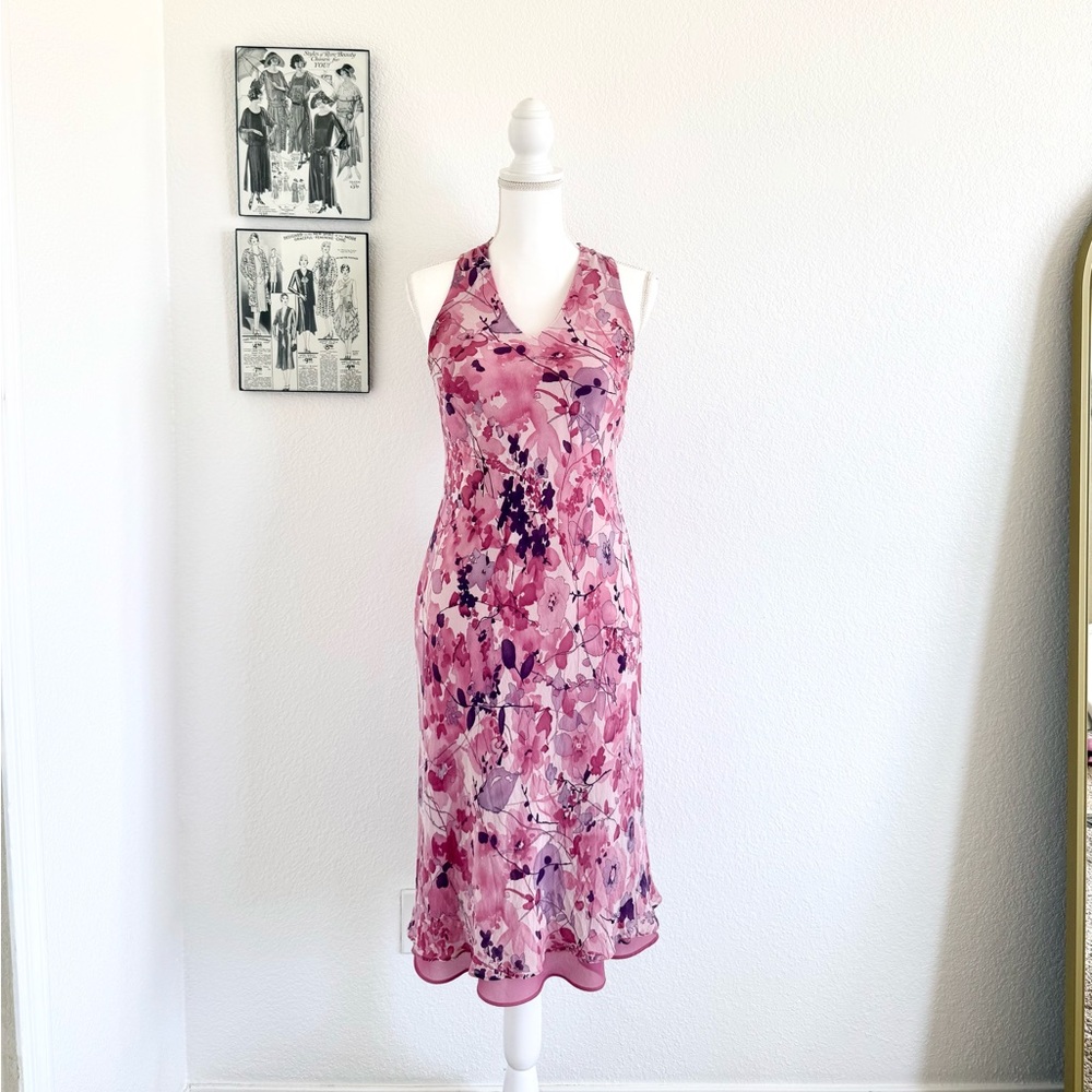 Vintage 90s Ann Taylor Floral Pink/Purple Silk Sleeveless Dress